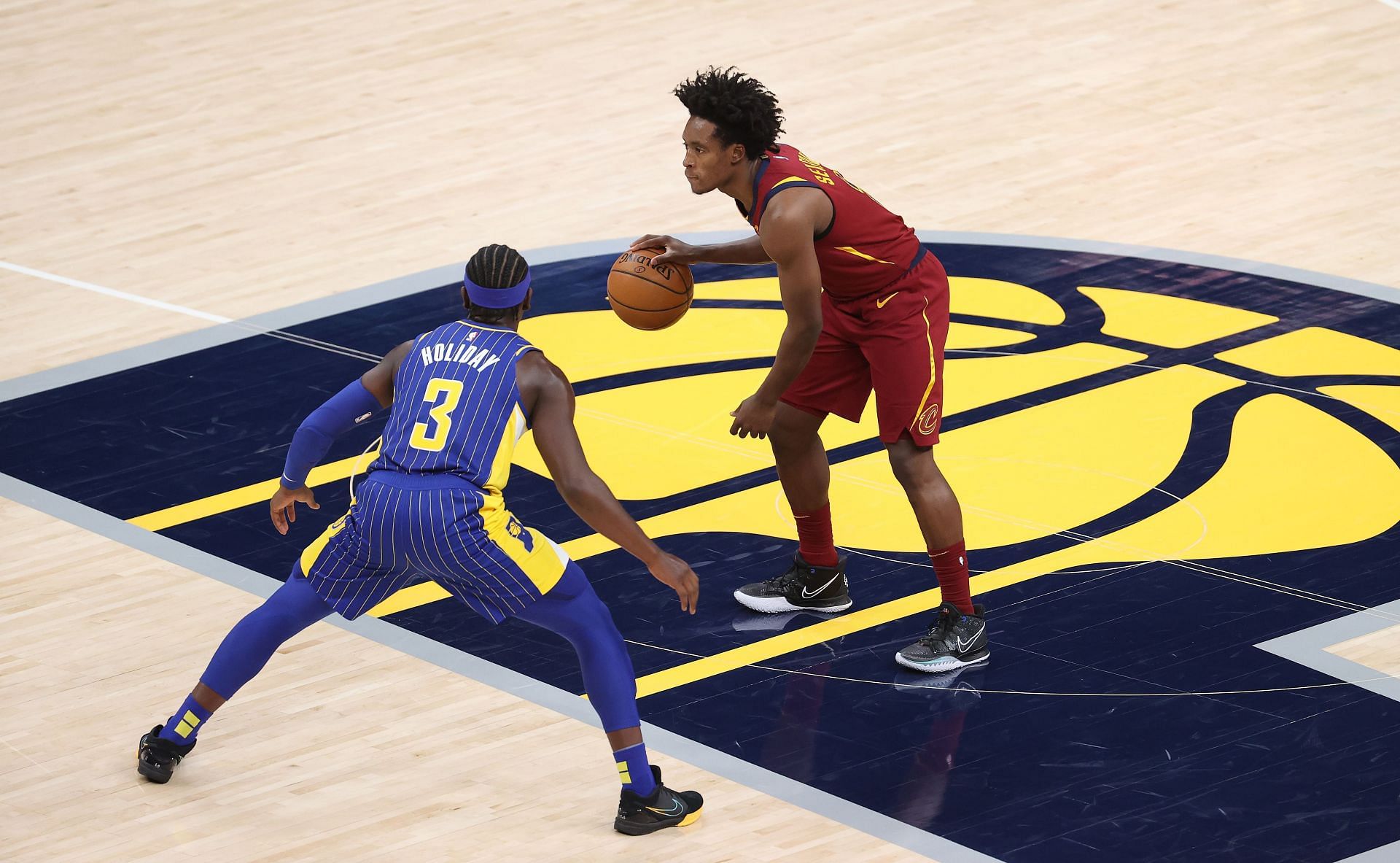 Collin Sexton of the Cleveland Cavaliers dribbles the ball against the Indiana Pacers.