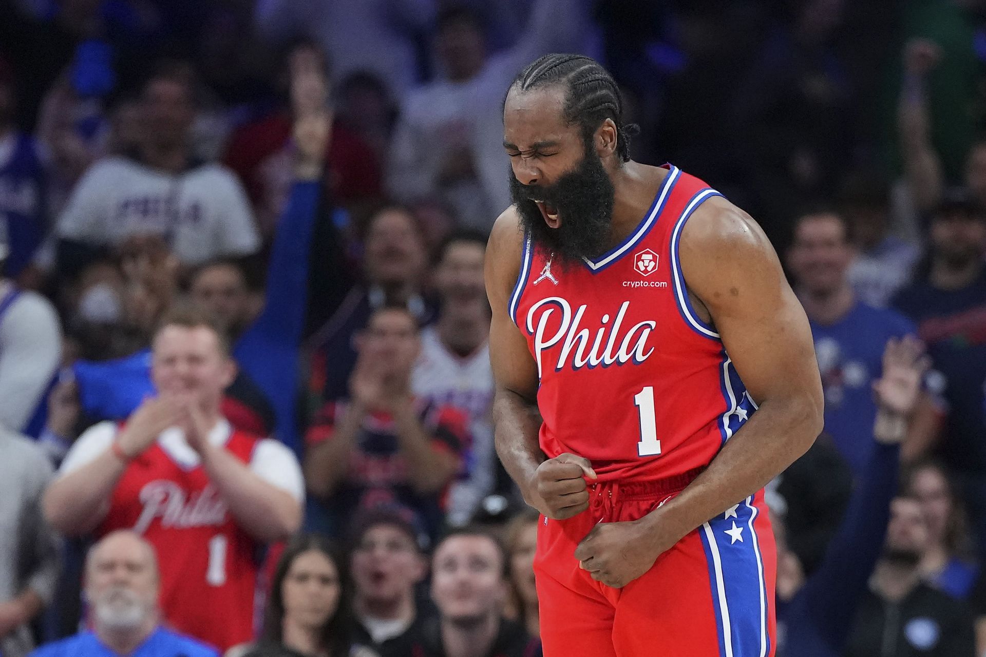 James Harden of the Philadelphia 76ers reacts against the Miami Heat during Game 4 of the 2022 Eastern Conference semifinals on May 8 in Philadelphia, Pennsylvania.