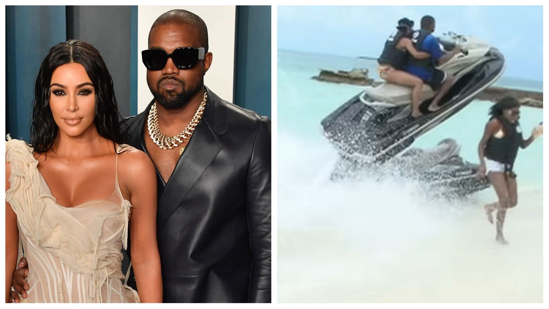 The viral jet ski accident video does not feature Kanye West and Kim Kardashian (Image via Allen Berezovsky/Getty Images and RM Videos/YouTube)