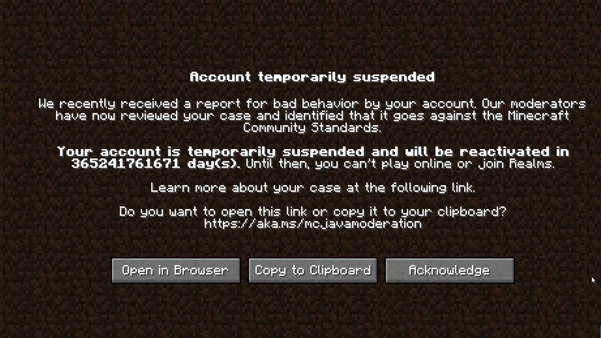 An account is suspended as a first warning before getting permanently banned (Image via Minecraft)