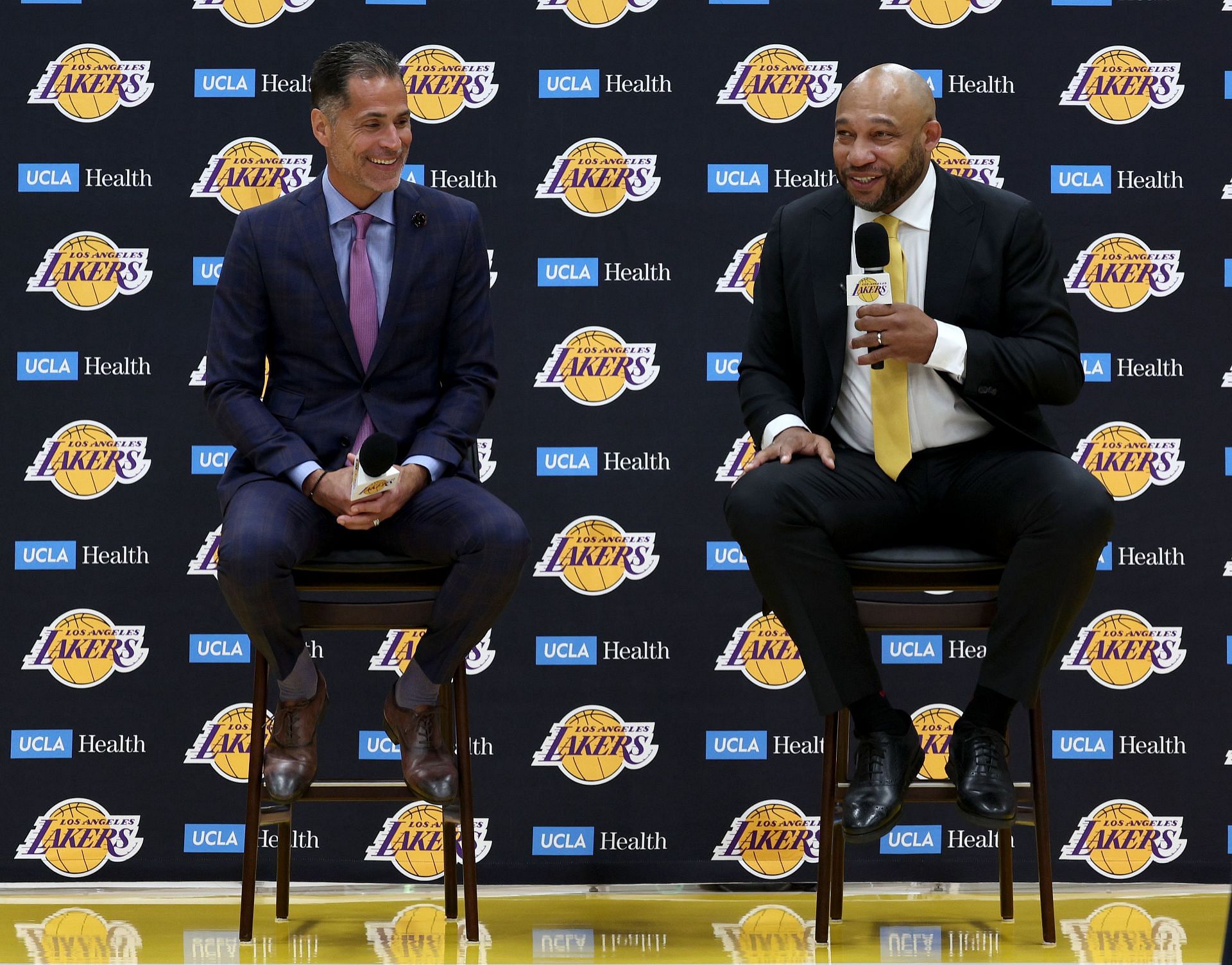 New head coach of the LA Lakers Darvin Ham speaks to the media with VP Ops Rob Pelinka