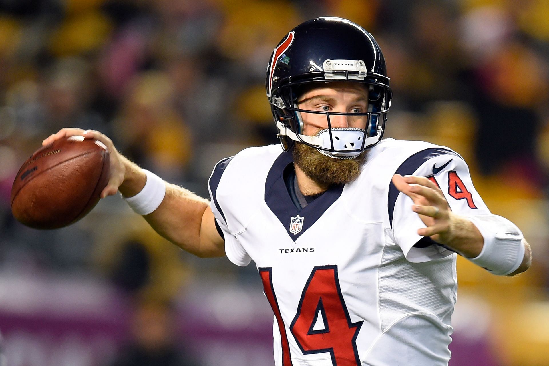 HOUSTON, TX - NOVEMBER 03:  Thursday Night Football analyst Ryan  Fitzpatrick performs a live shot before the football game between the  Philadelphia Eagles and Houston Texans at NRG Stadium on November