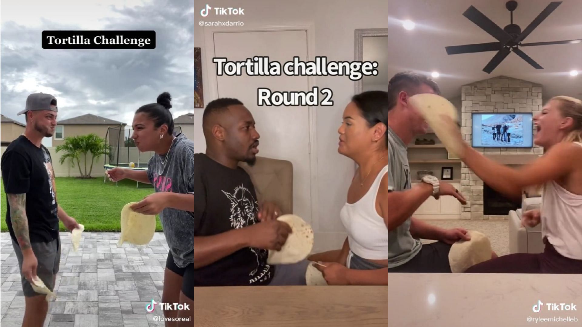 The &#039;Tortilla Slap Challenge&#039; has gone viral on TikTok, bringing back a similar trend from 2021 (Images via TikTok/lovesoreal, sarahxdarrio, &amp; ryleemichelleb)