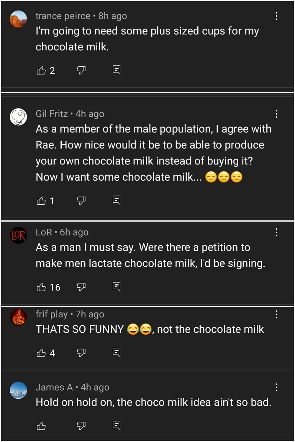 Do men want to excrete chocolate milk? At least a few do, at the very least (Image via YouTube)