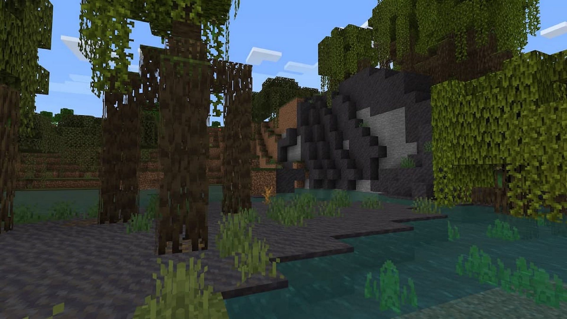 Mangrove roots rise from the mud of a mangrove swamp (Image via Mojang)