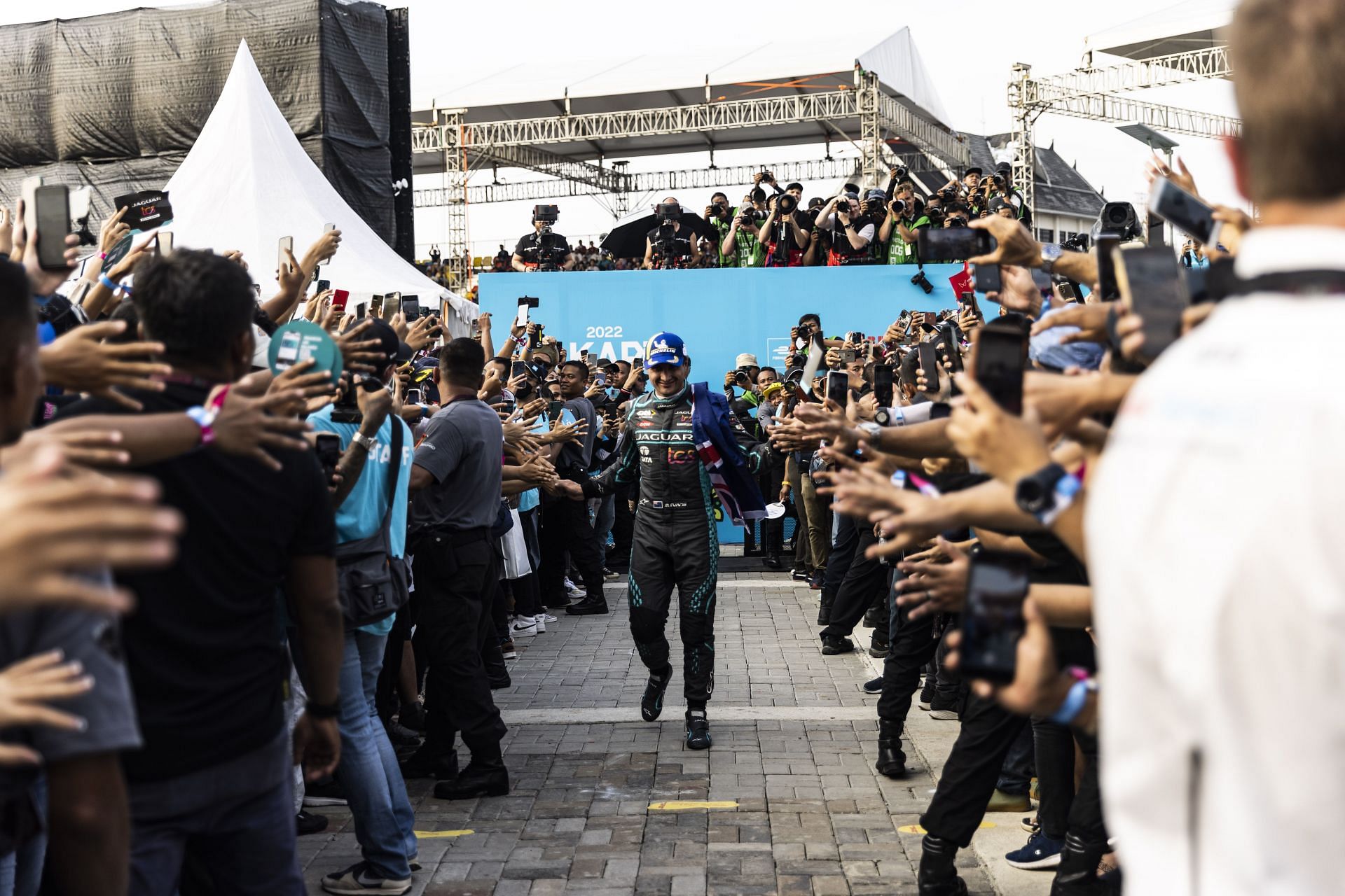 Mitch Evans, Jaguar TCS Racing, celebrates after taking his third career victory at the 2022 Jakarta E-Prix
