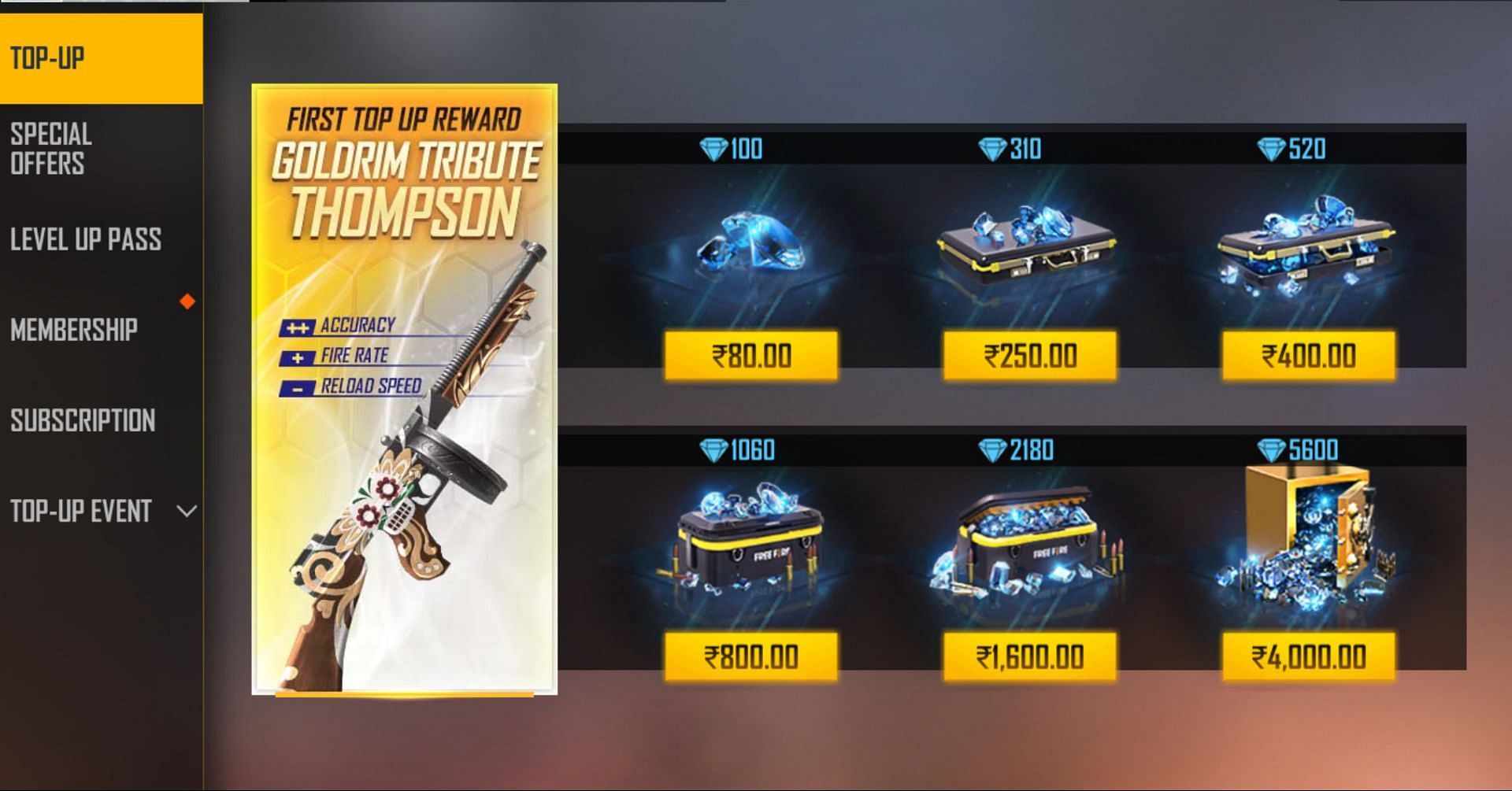 The in-game top-up center has several options (Image via Garena)