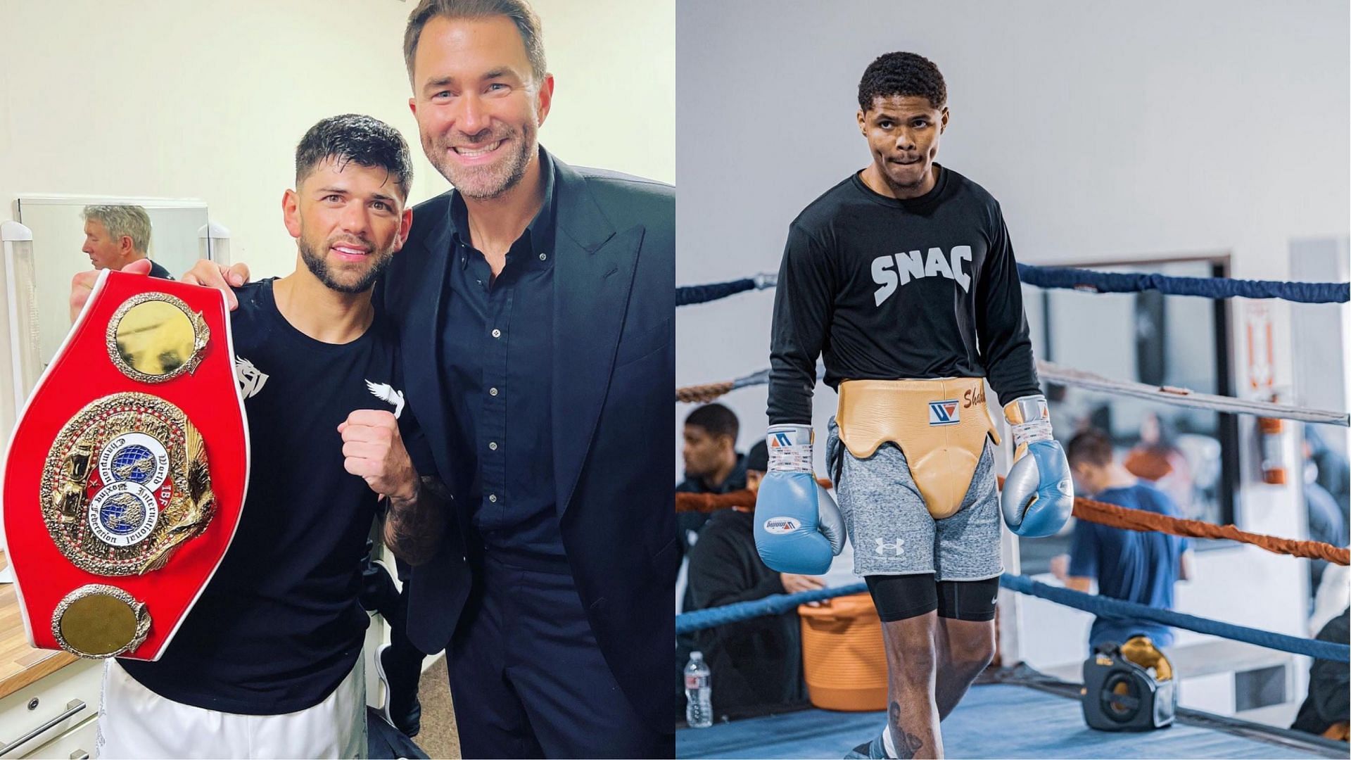 Joe Cordina and Eddie Hearn (left, @eddiehearn), Shakur Stevenson (right, @shakurstevenson) [images courtesy of Instagram]