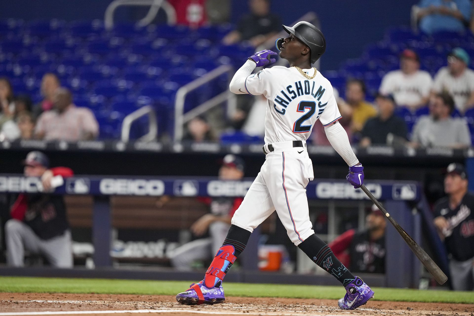 Jazz Chisholm at bat for the Miami Marlins in a game against the Washington Nationals.