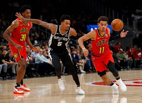 Trae Young and Dejounte Murray during the San Antonio Spurs v Atlanta Hawks regular season game