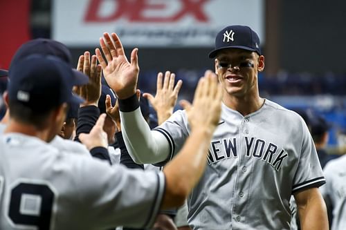 Judge celebrates in the dugout, New York Yankees v Tampa Bay Rays.