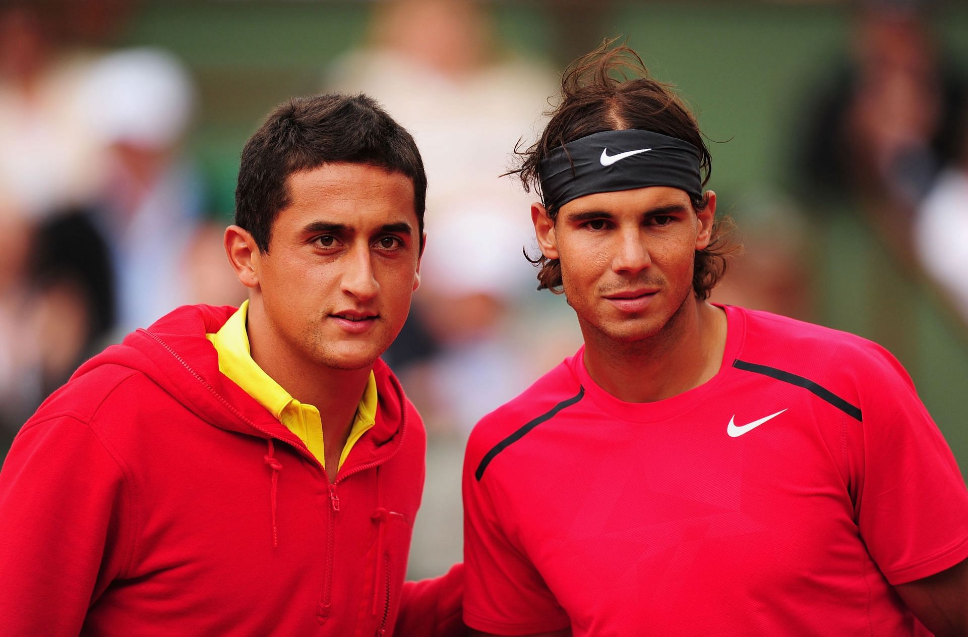 Nicolas Almagro (left) and Rafael Nadal (right) pose prior to their quarterfinal tussle in the 2012 French Open.