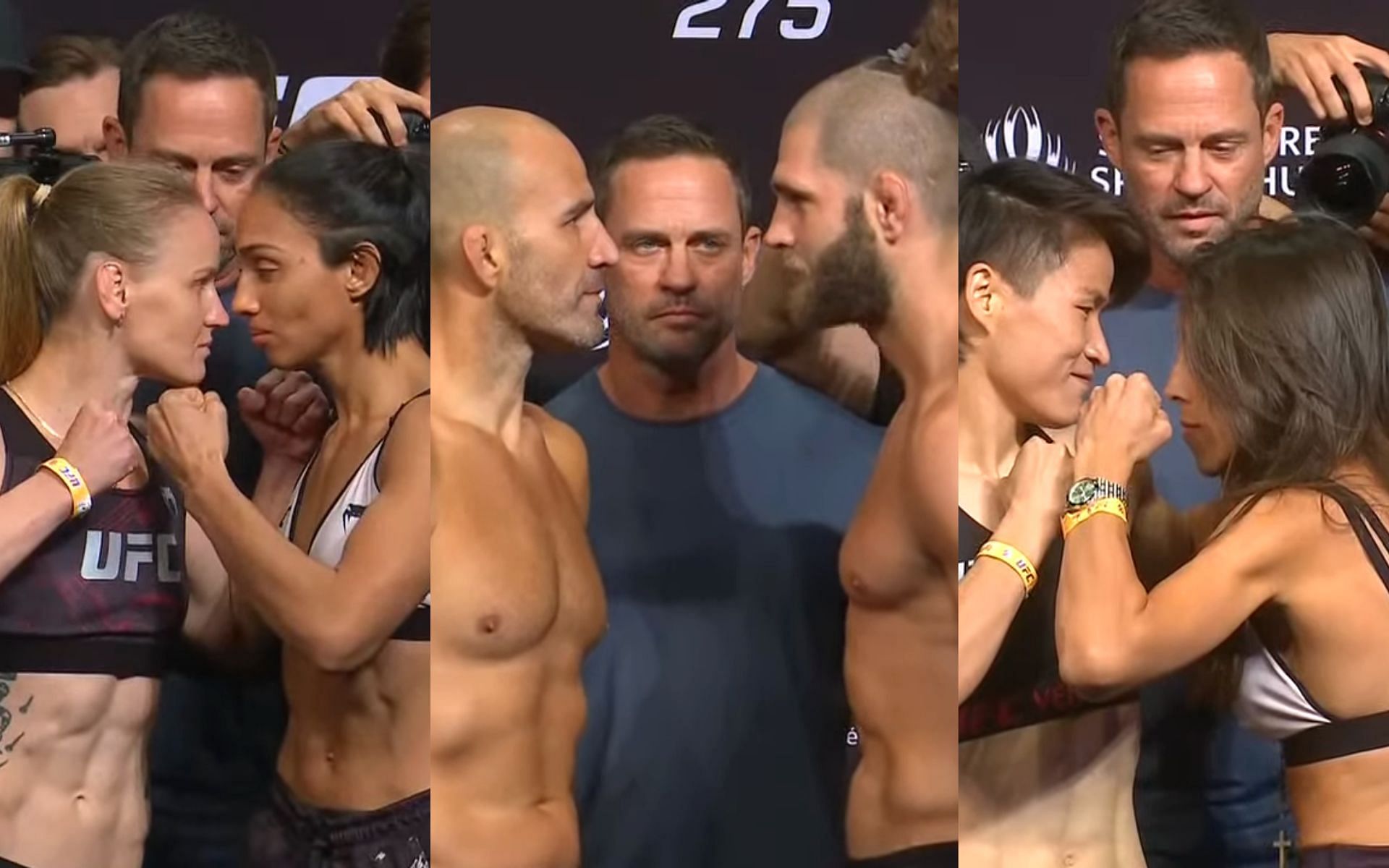 [L-R] Valentina Shevchenko and Taila Santos, Glover Teixeira and Jiri Prochazka, Zhang Weili and Joanna Jedrzejczyk [Images courtesy: UFC via YouTube]