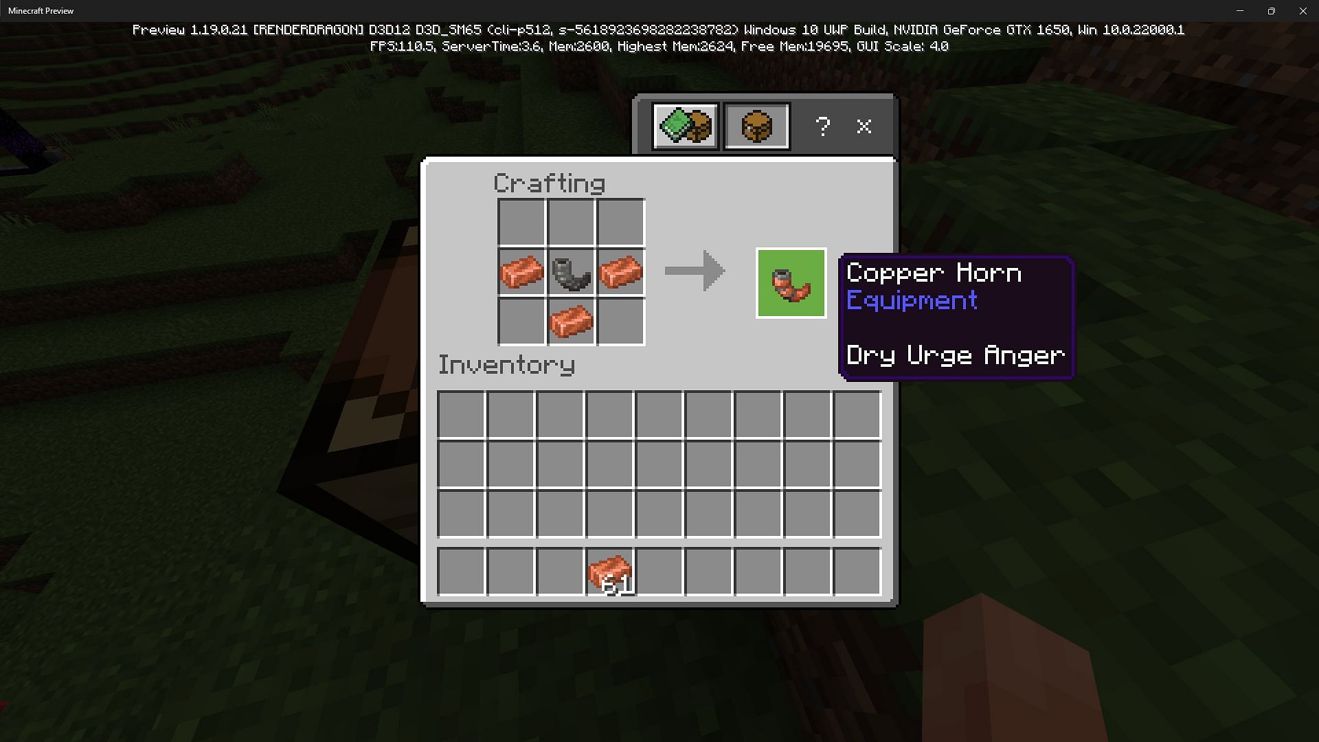 Crafting recipe for copper horns (Image via Minecraft 1.19 beta preview)