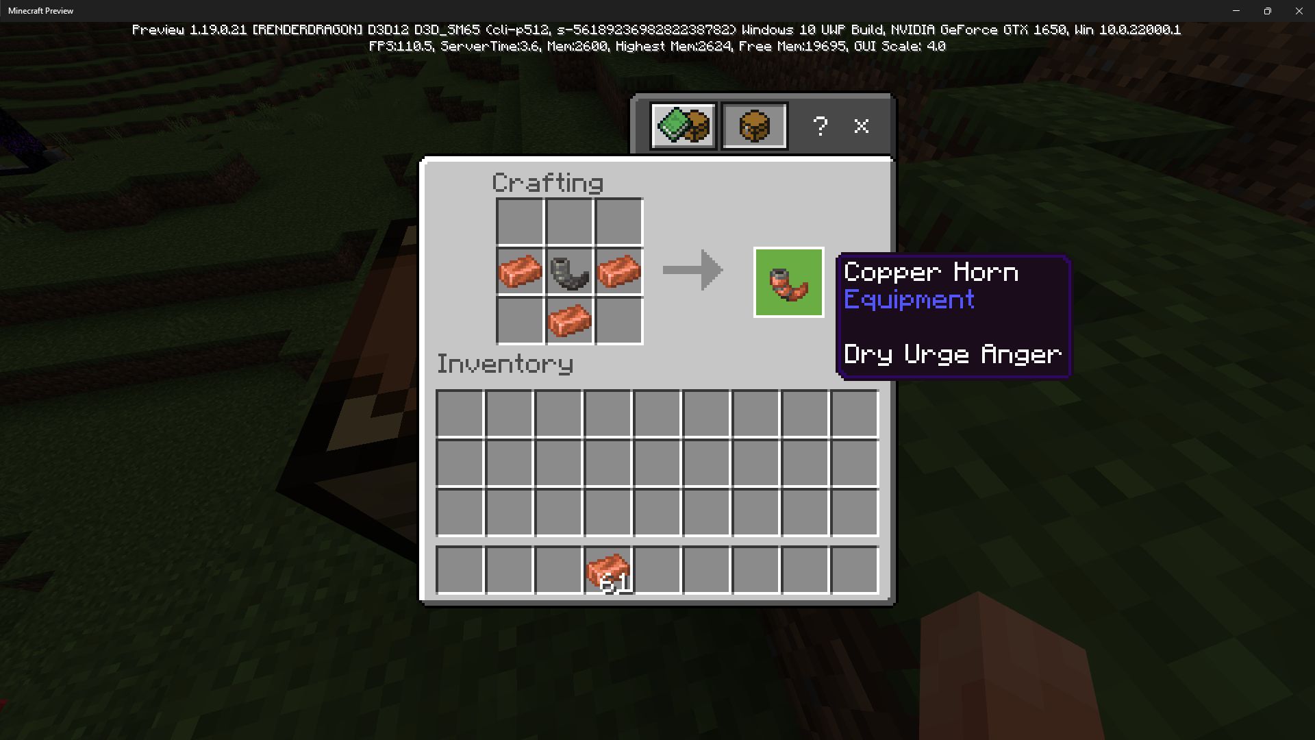 Crafting recipe for copper horns (Image via Minecraft 1.19 beta preview)