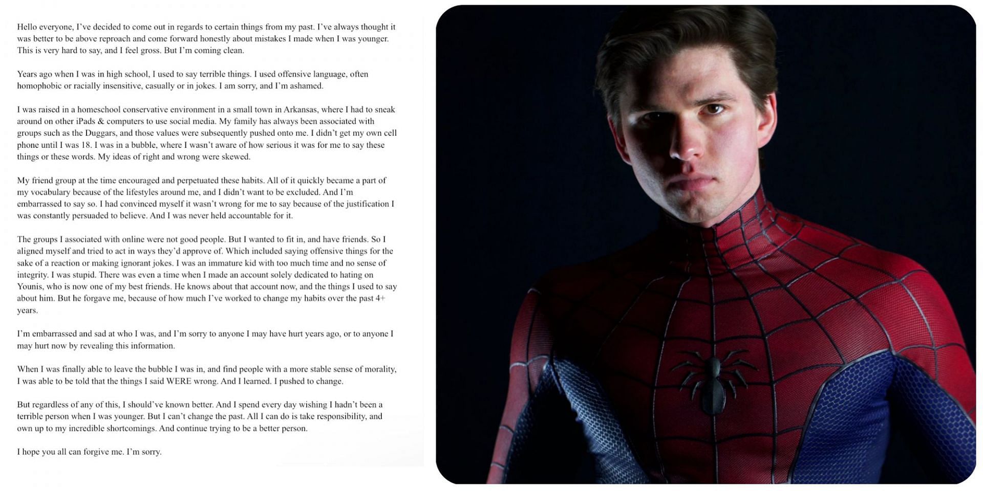 Spider Man actor Warden Wayne issued a public apology for comments he made as a teenager. (Image via @mrwardenwayne/Twitter)