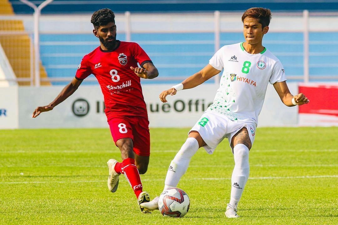 Jiteshwor Singh (R) in action for NEROCA FC during the 2021-22 I-League (Image Courtesy: Jiteshwor Singh Instagram)