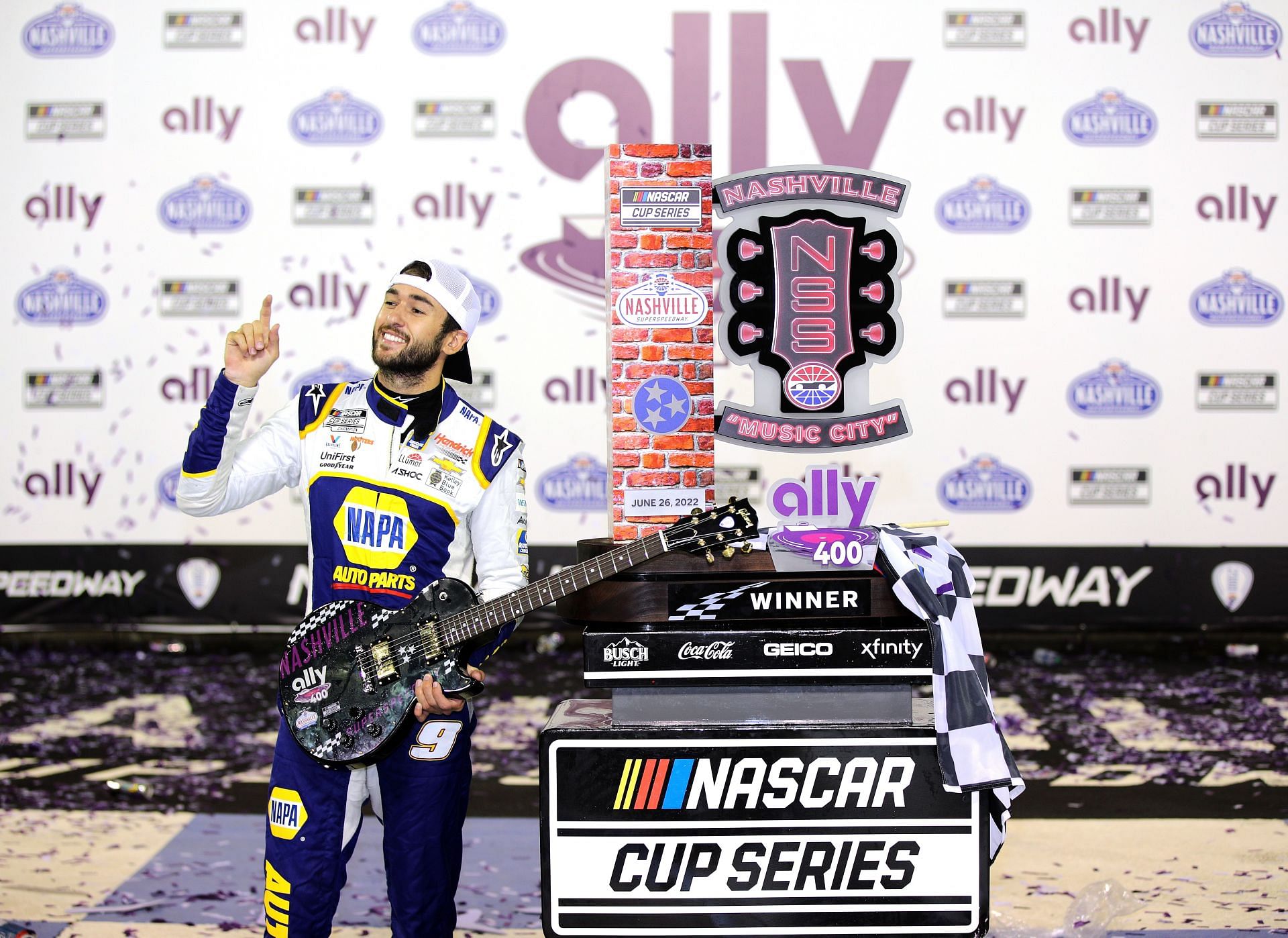 Chase Elliott celebrates in victory lane after winning the NASCAR Cup Series Ally 400 at Nashville Superspeedway