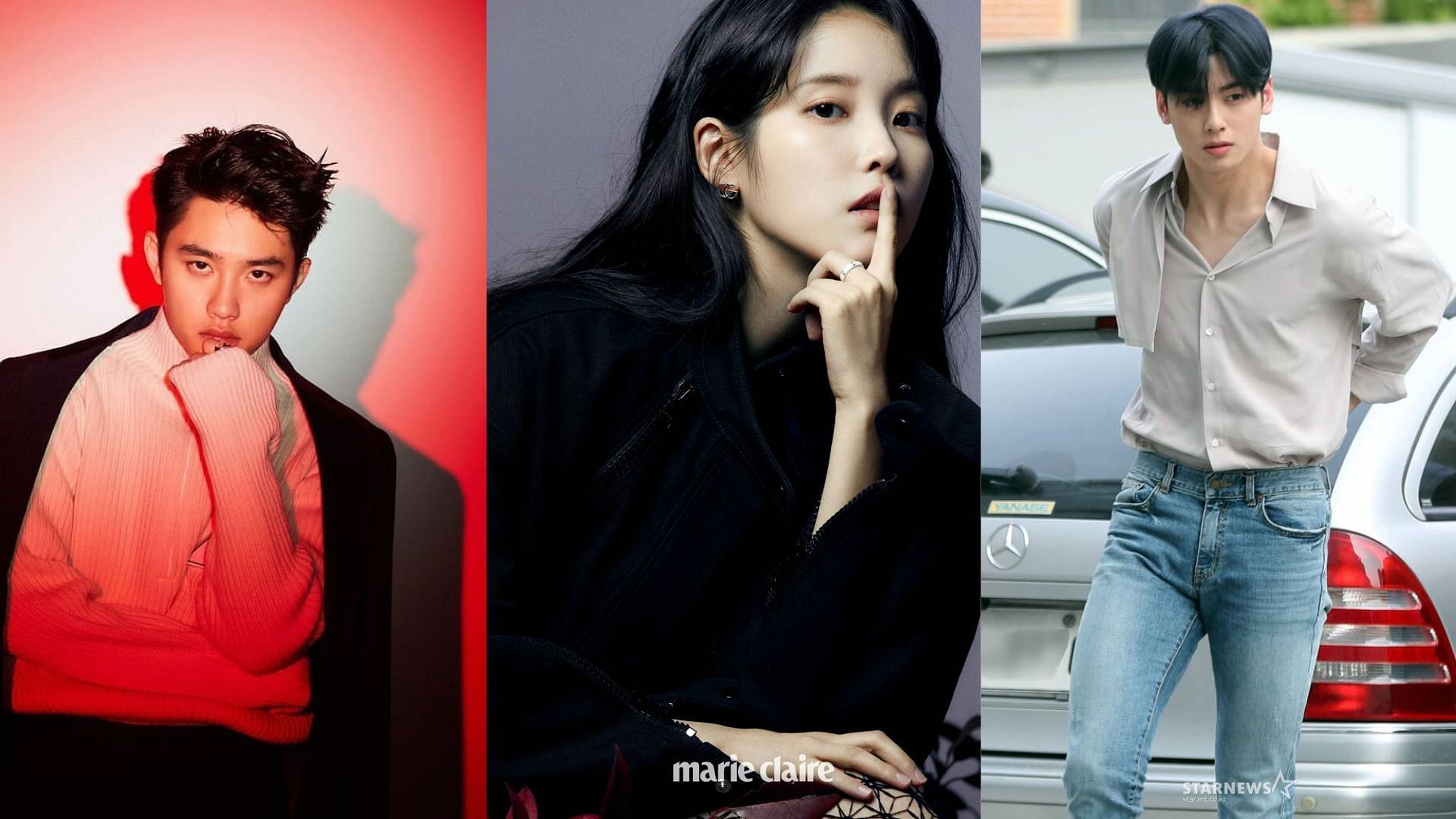 EXO&#039;s DO, IU, and ASTRO&#039;s Cha Eun-woo (Image via SM Ent., Marie Claire, Star News)