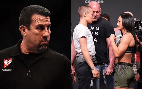 John McCarthy (left) and Rose Namajunas, Dana White, and Carla Esparza (extreme right) [via Getty / Zuffa LLC]