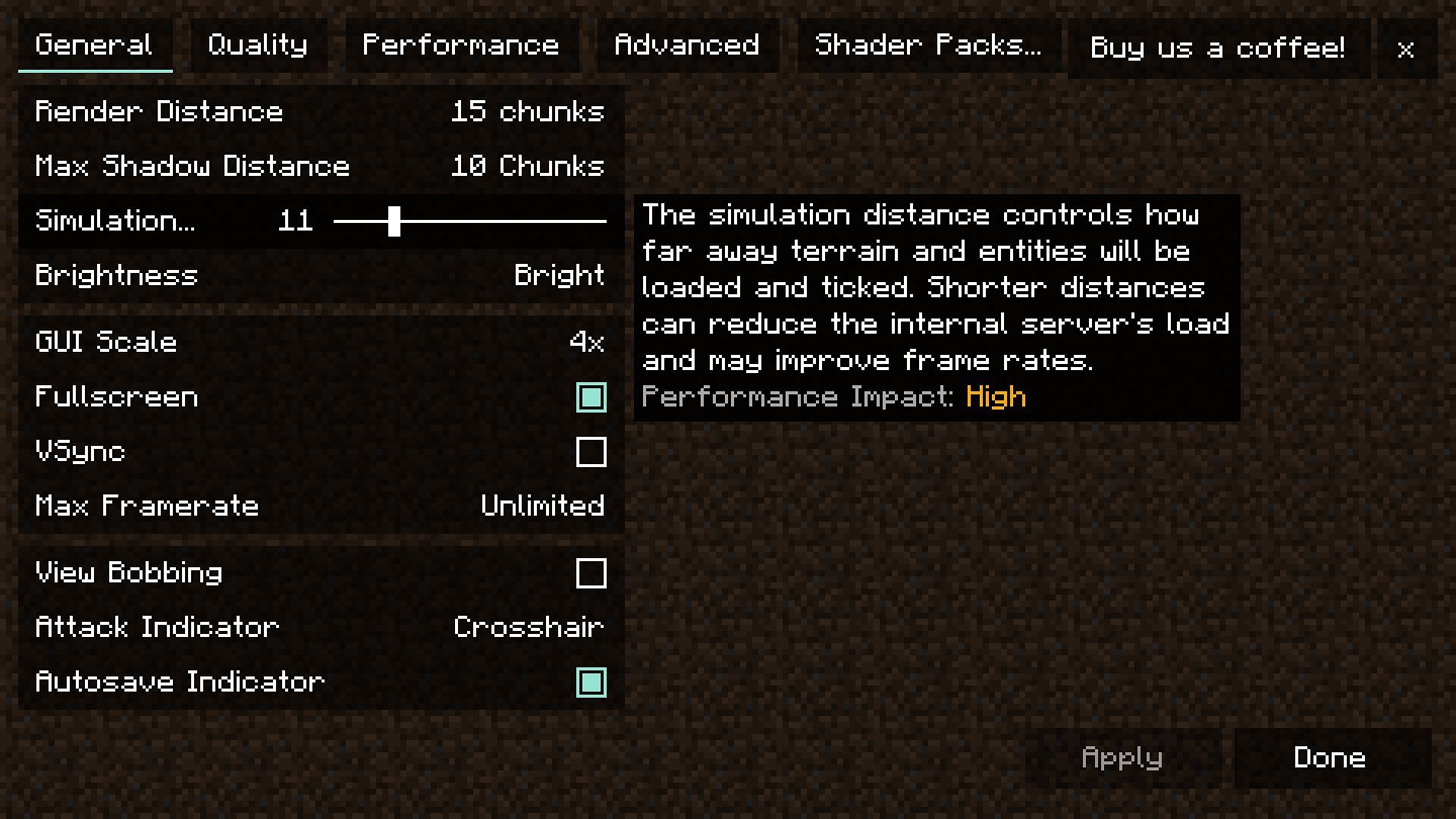 What is the ideal simulation distance in Minecraft?