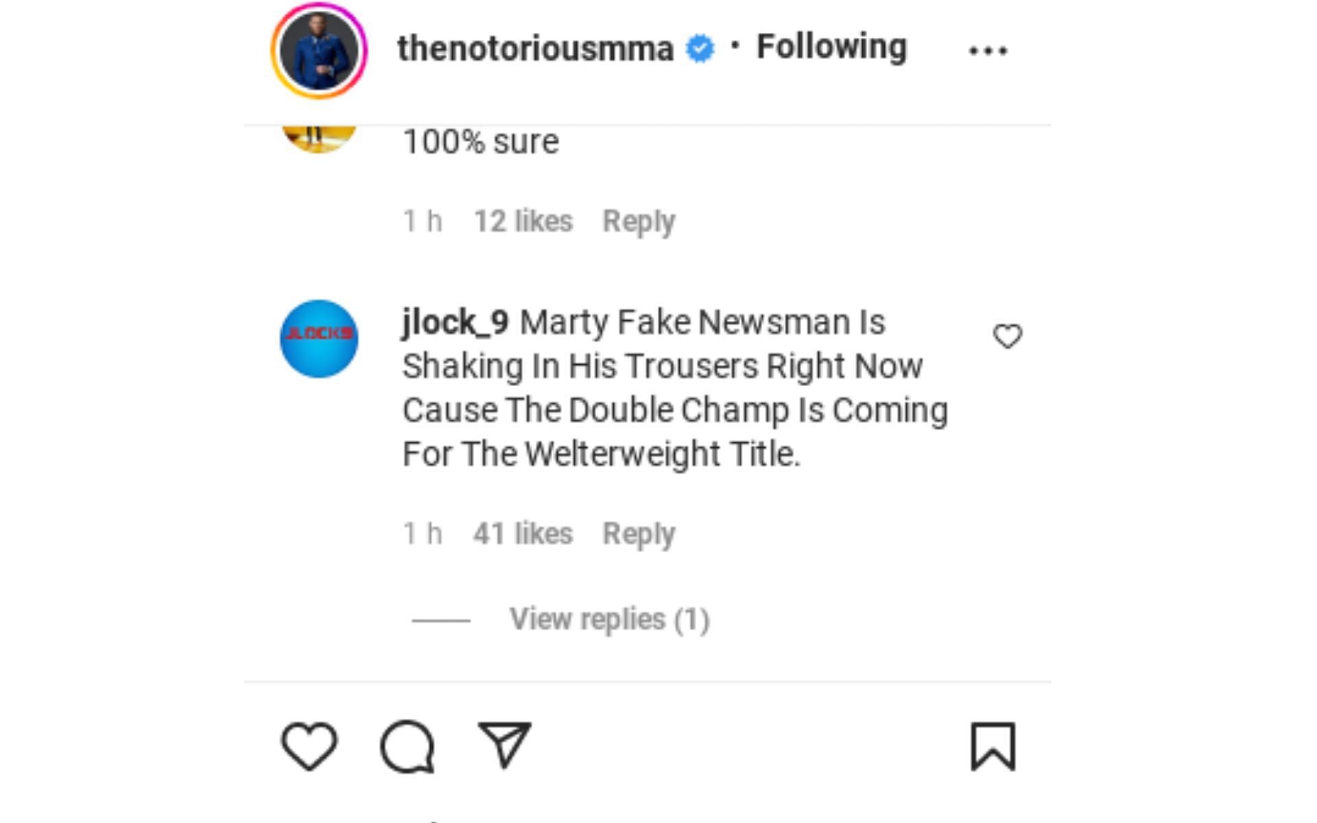 A fan comment, predicting Conor McGregor to defeat Kamaru Usman