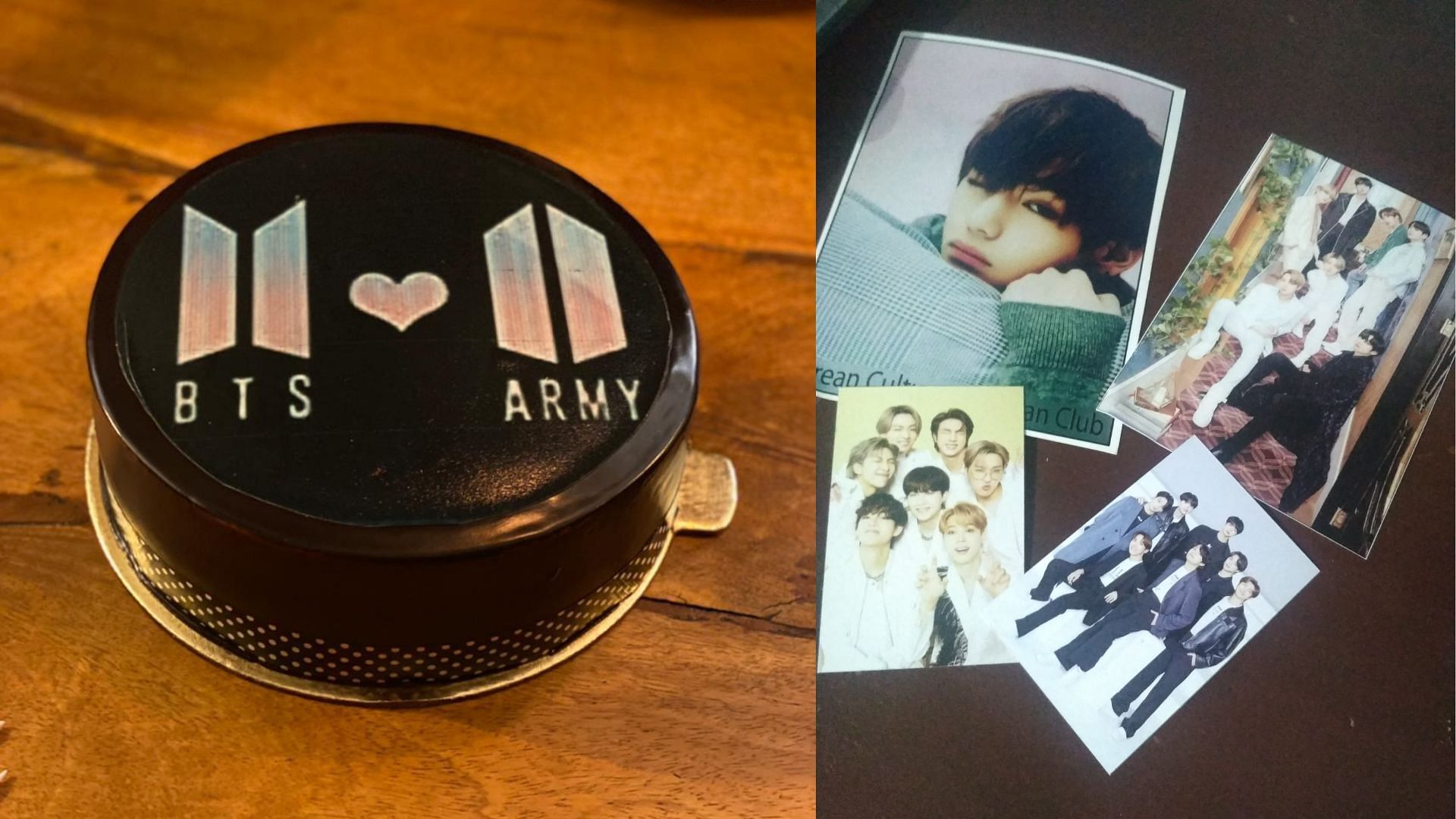 The group&#039;s Anniversary cake and photocards (Image via Sportskeeda)