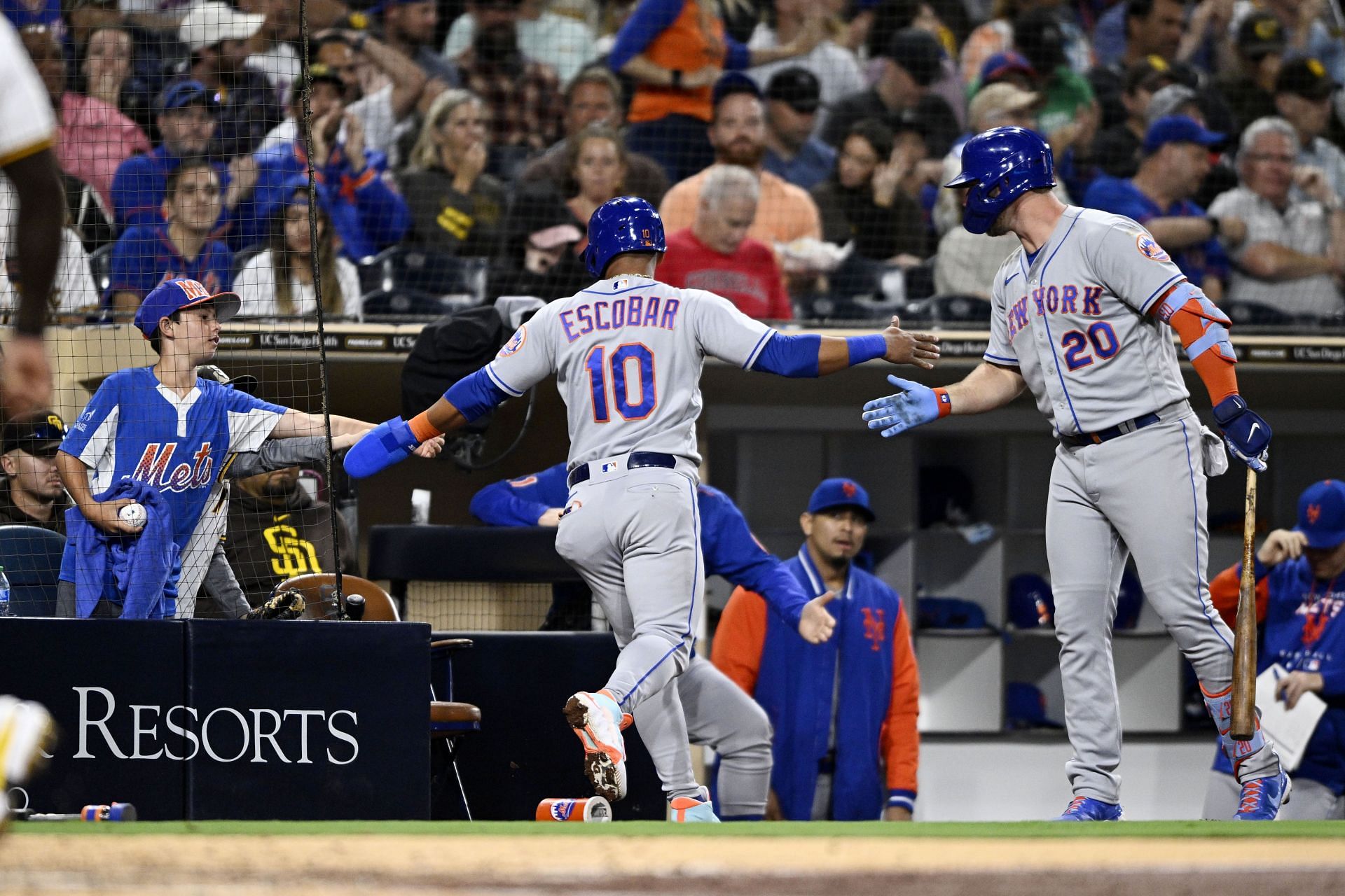 Eduardo Escobar of the New York Mets looks skyward after hitting