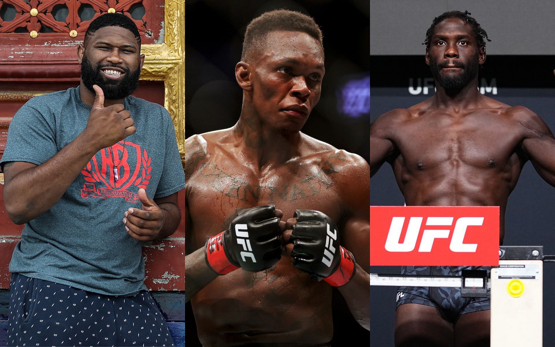 Curtis Blaydes (left); Israel Adesanya (center); Jared Cannonier (right)