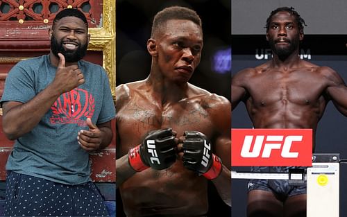 Curtis Blaydes (left); Israel Adesanya (center); Jared Cannonier (right)