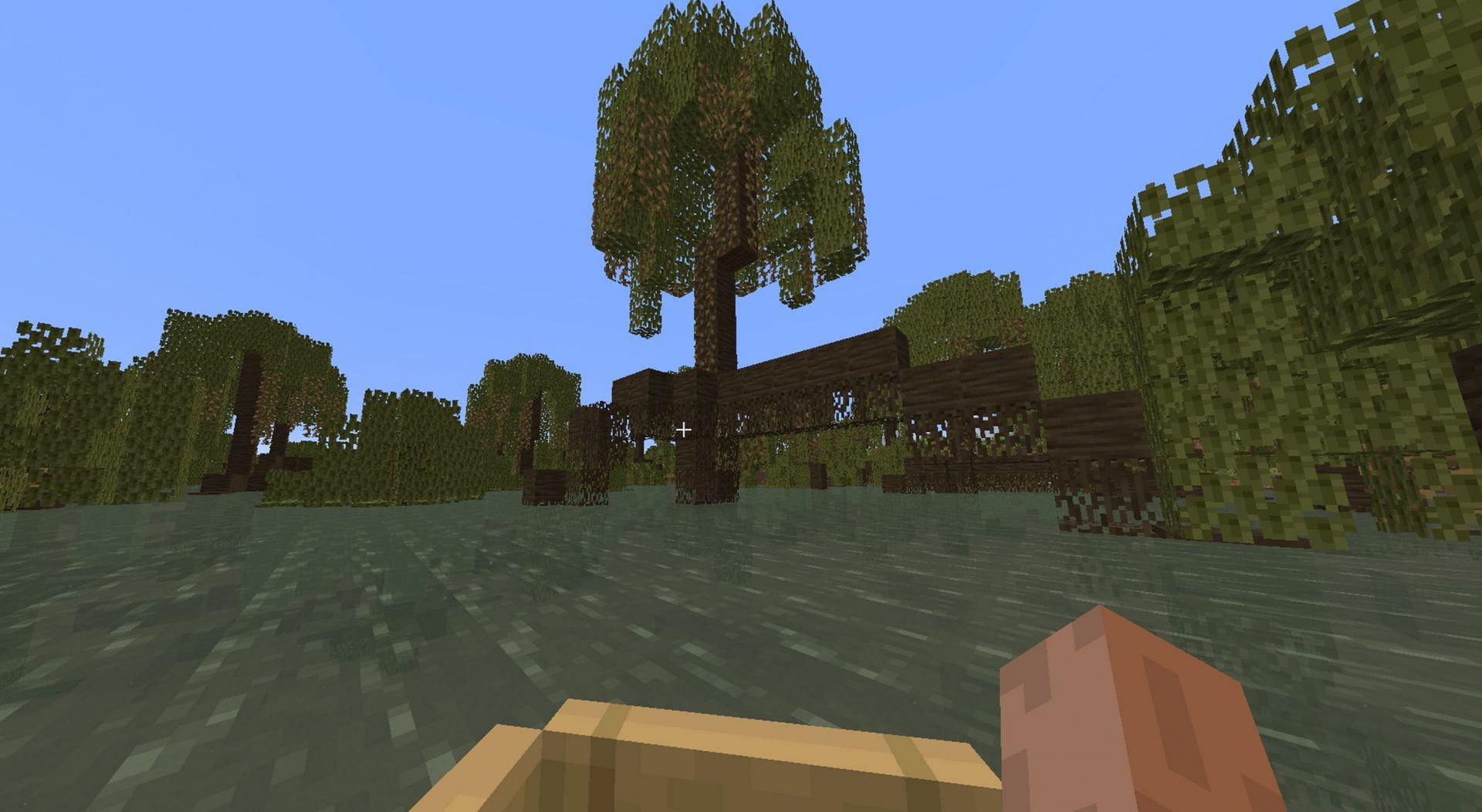 A player rides a boat through a mangrove swamp (Image via CurseForge)