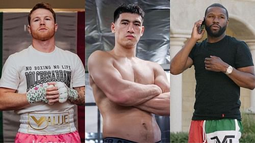 Canelo Alvarez (left, @canelo), Dmitry Bivol (center, @bivol_d), Floyd Mayweather (right, @floydmayweather) [images courtesy of Instagram]