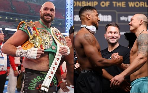 Tyson Fury (left) has named his price to fight the winner of Anthony Joshua (center) vs. Oleksandr Usyk 2 (right)