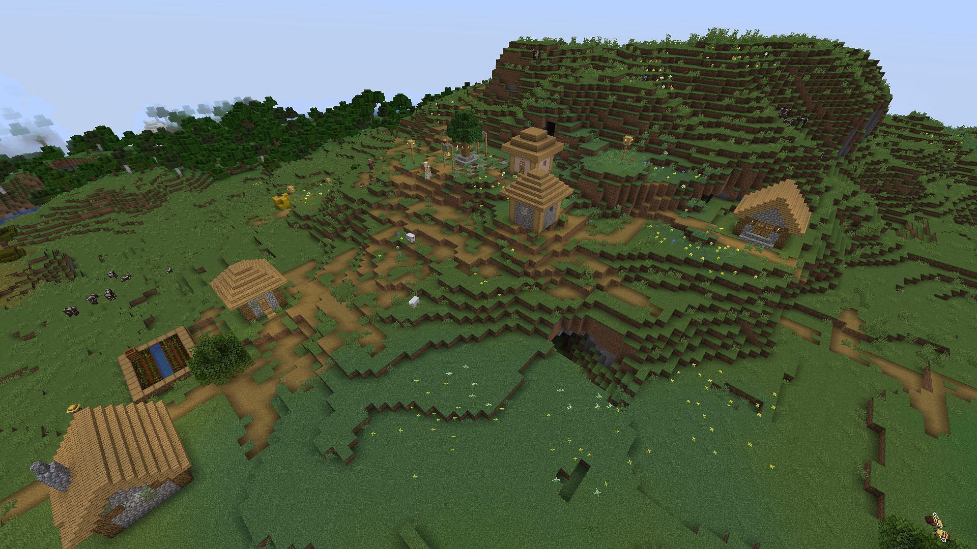 The meadow village found at spawn that the geodes reside underneath (Image via Minecraft)