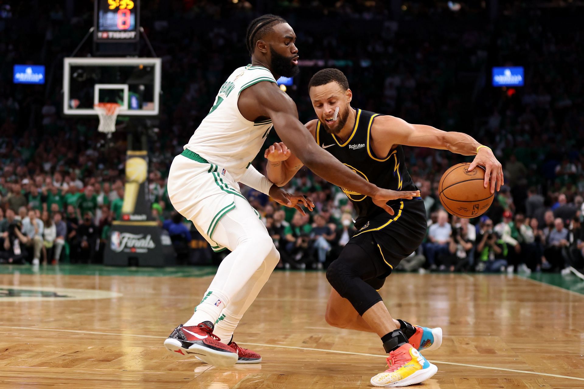 Steph Curry of the Golden State Warrior against Boston Celtics&#039; Jaylen Brown in Game 3 of the NBA Finals.