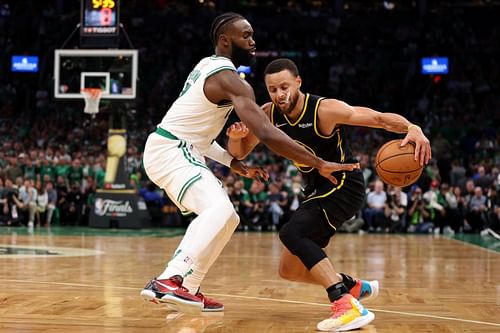 Steph Curry of the Golden State Warrior against Boston Celtics' Jaylen Brown in Game 3 of the NBA Finals.