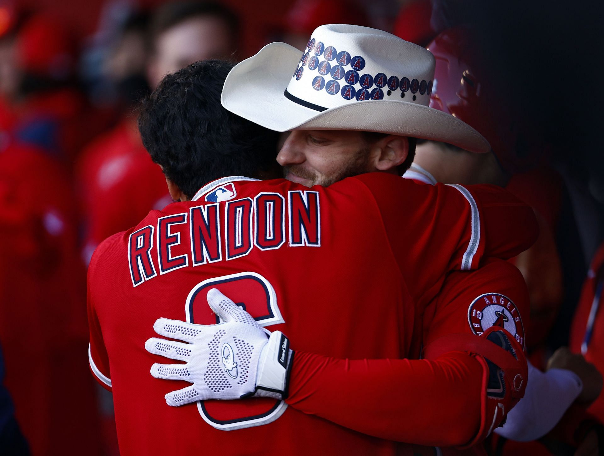 Anthony Rendon celebrates Taylor Ward&#039;s two-run home run agasinst the Tampa Bay Rays.