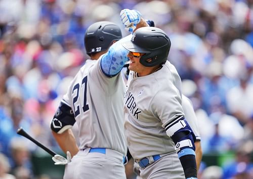 Josh Donaldson celebrates his home run with Giancarlo Stanton during a New York Yankees v Toronto Blue Jays game.