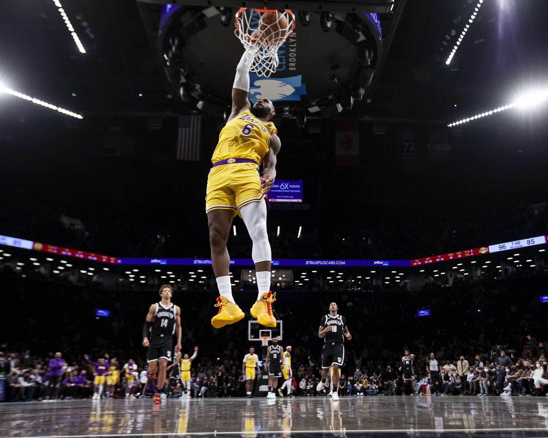 LeBron James goes up for a dunk against the Brooklyn Nets.