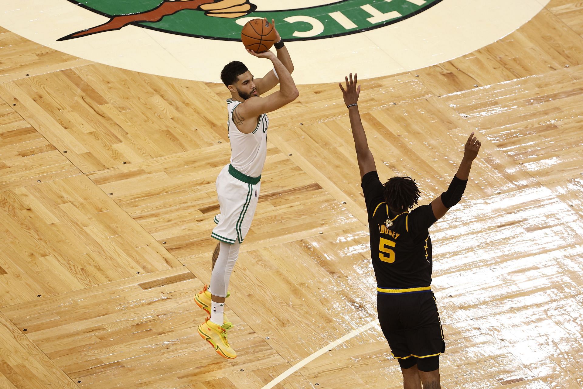 Game 4, NBA Finals: Jayson Tatum attempts a 3-point shot.