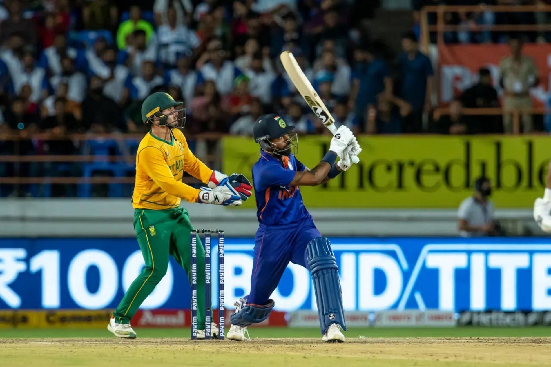 Hardik Pandya batting during the fourth T20I against South Africa. Pic: Getty Images