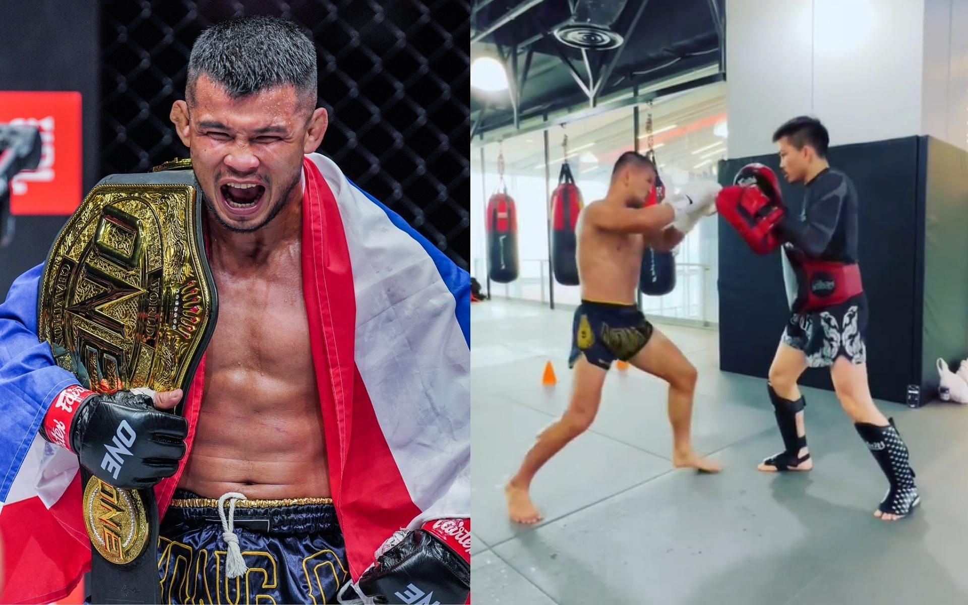 ONE bantamweight Muay Thai world champion Nong-O Gaiyanghadao is already in preparation to face Liam Harrison. (Images courtesy: ONE Championship, @nongogaiyanghadao on Instagram)