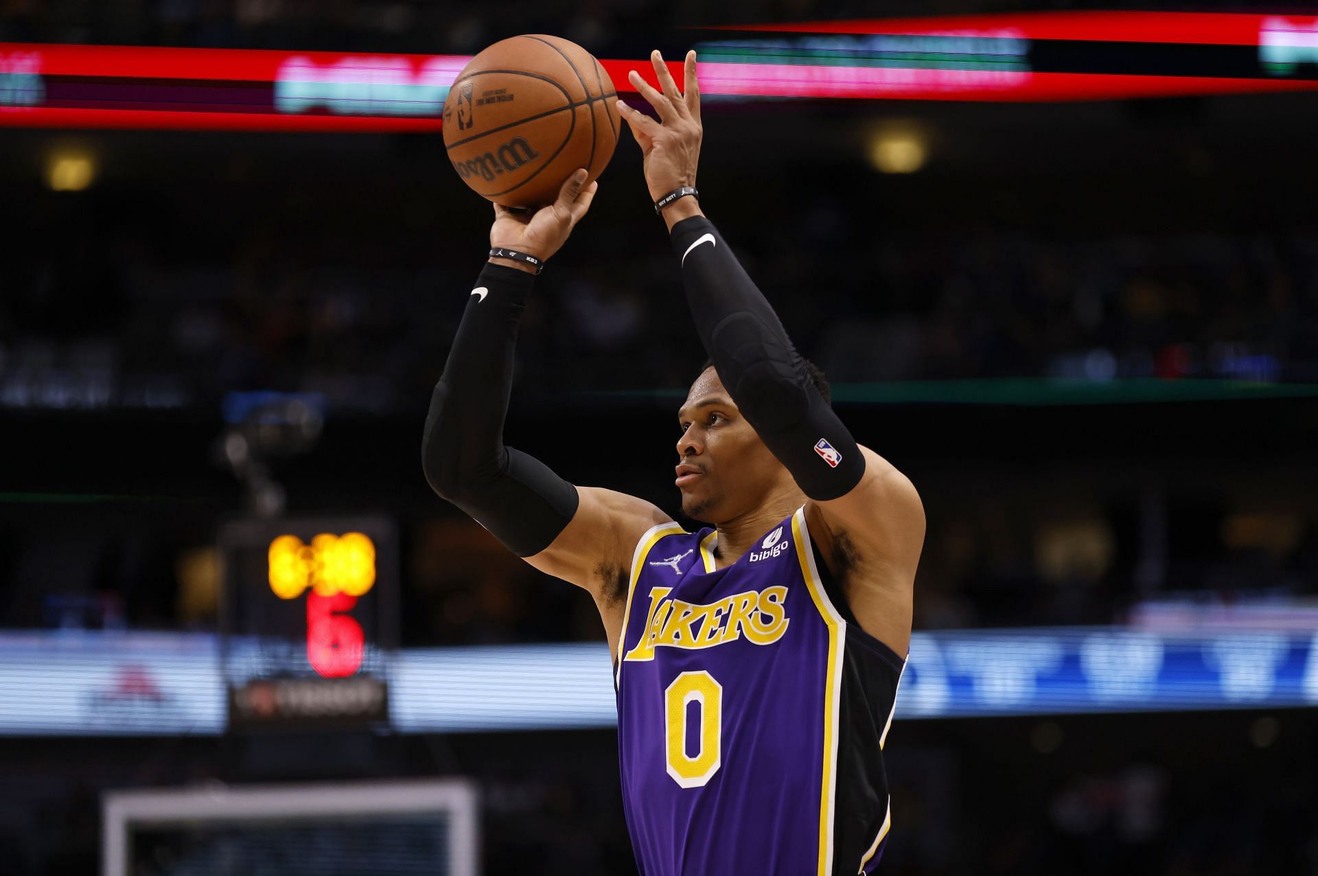 Russell Westbrook of the LA Lakers shoots a 3-pointer.