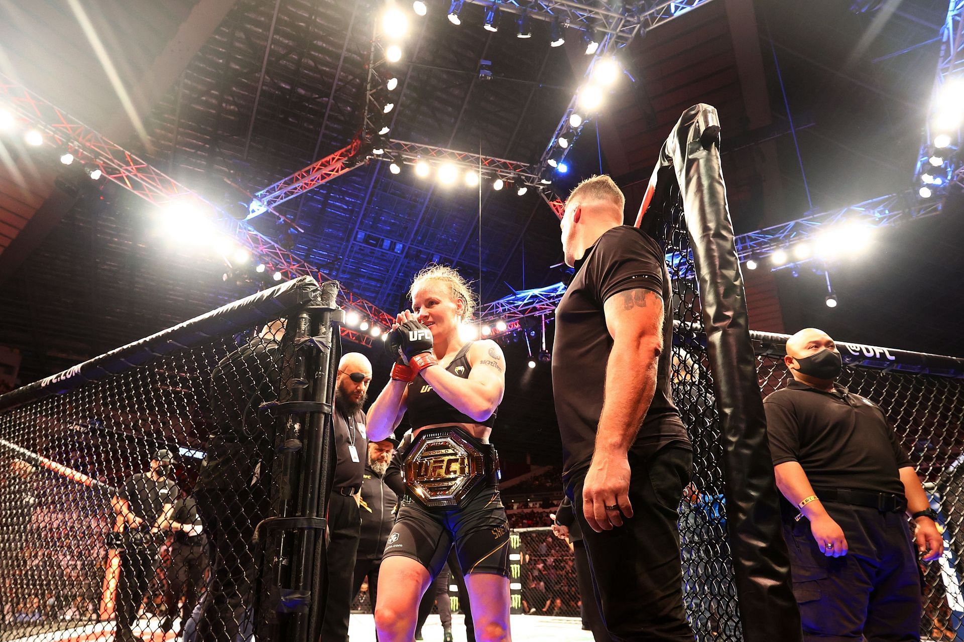 Women&#039;s flyweight champion Valentina &#039;Bullet&#039; Shevchenko following split decision win over Taila Santos