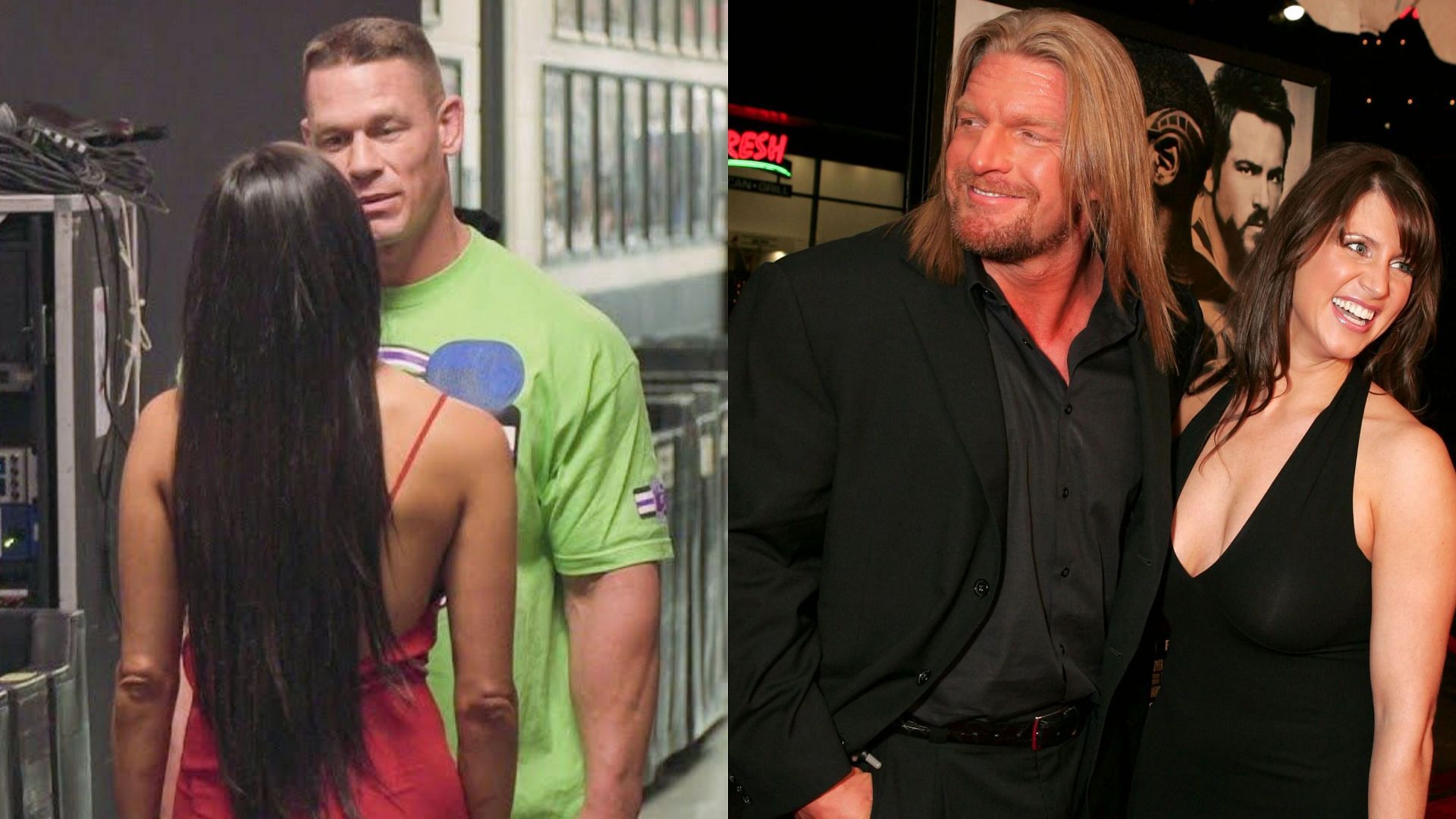 John Cena with Nikki Bella (left) and Triple H with Stephanie McMahon (right)