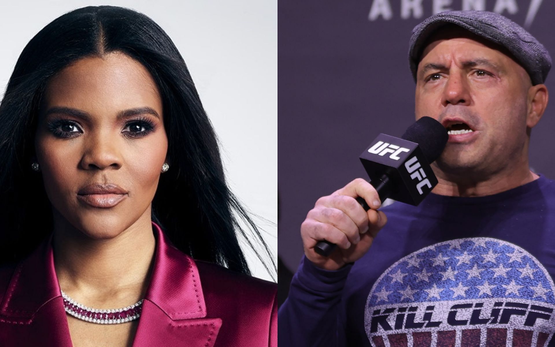 Candace Owens (left, via Facebook @Candace Owens) and Joe Rogan (right)