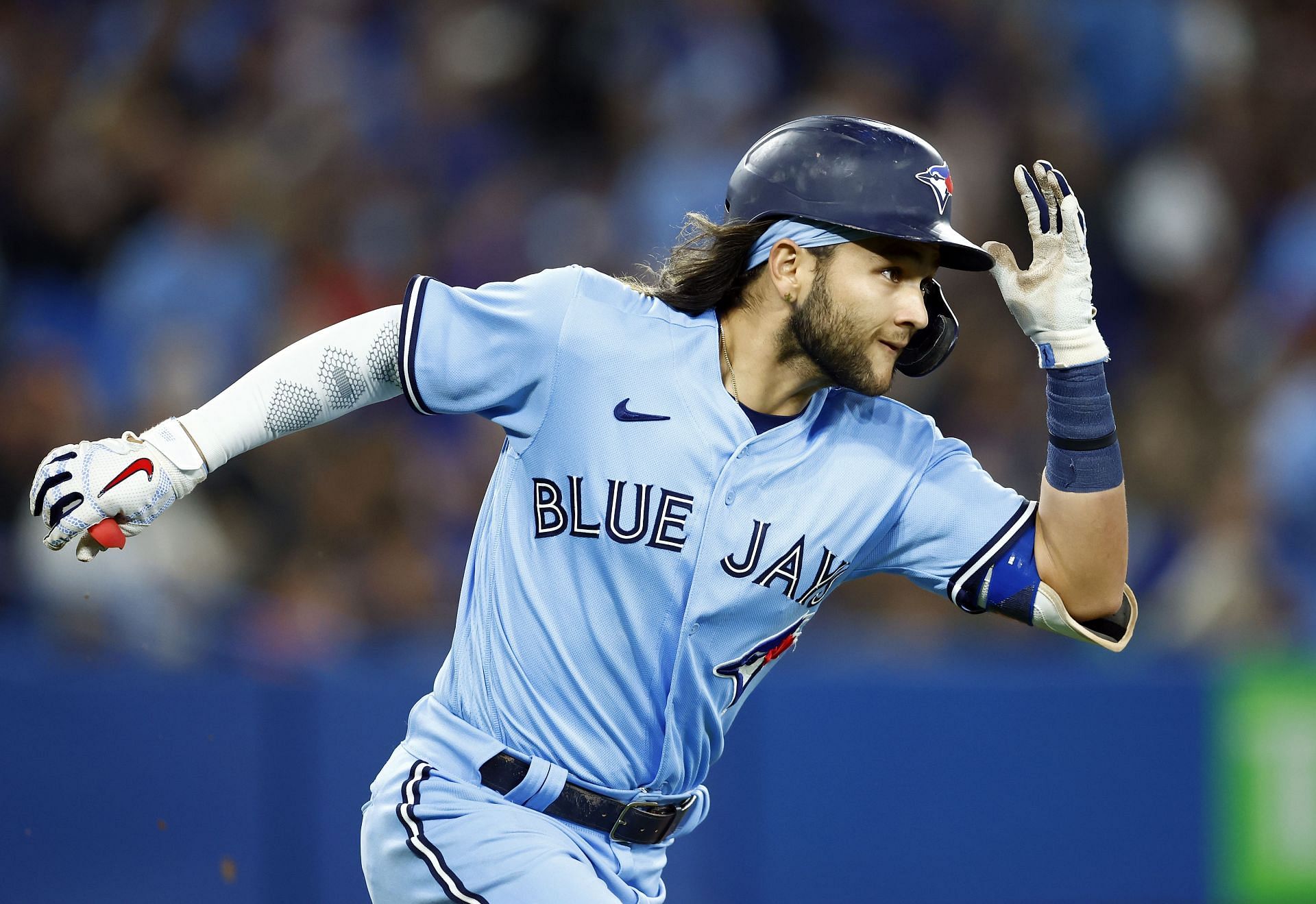 Bichette runs the bases after getting a hit in a Toronto Blue Jays v Houston Astros game.