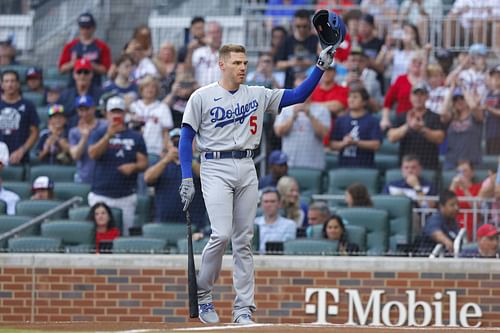 Freddie Freeman salutes the crowd at his return to Atlanta, Los Angeles Dodgers v Atlanta Braves.