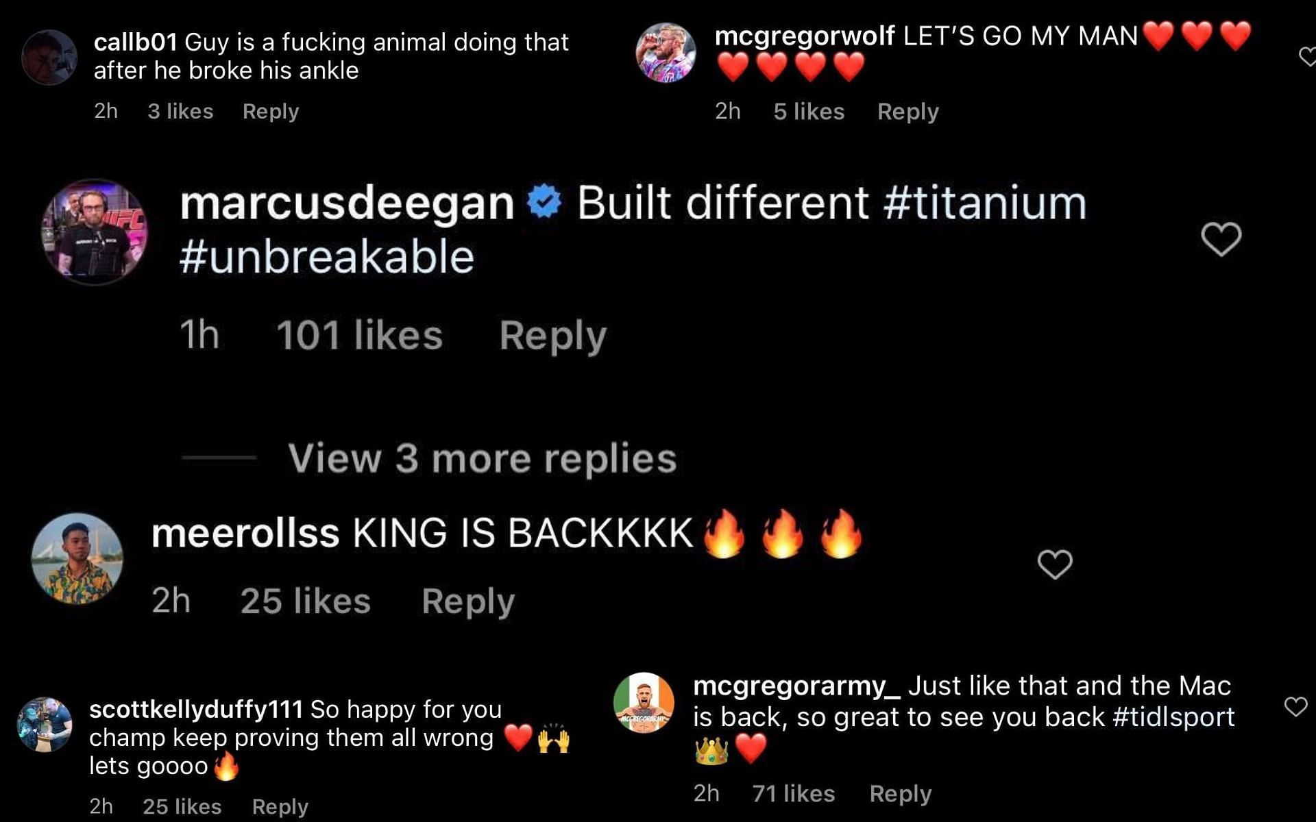 Screengrabs of a few comments on McGregor&#039;s Instagram post