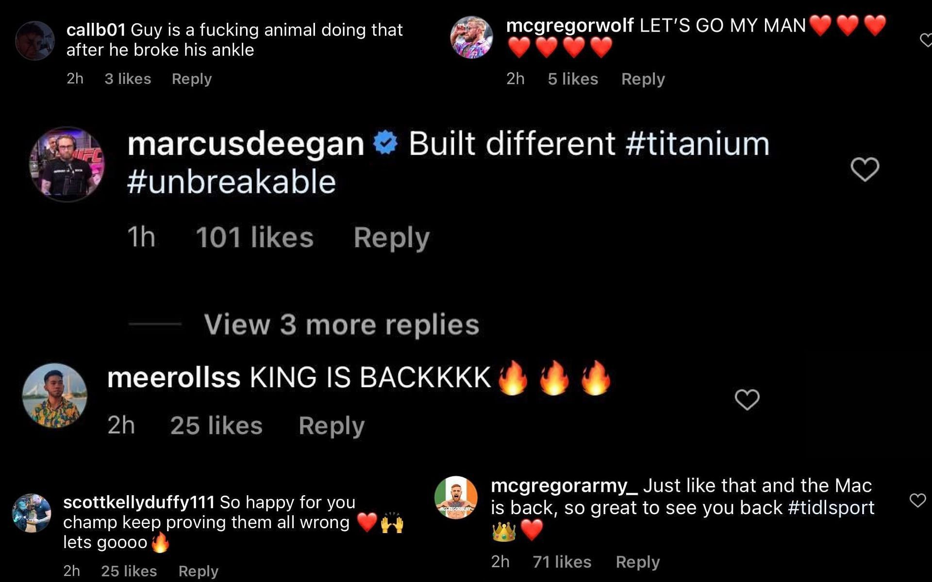 Screengrabs of a few comments on McGregor's Instagram post